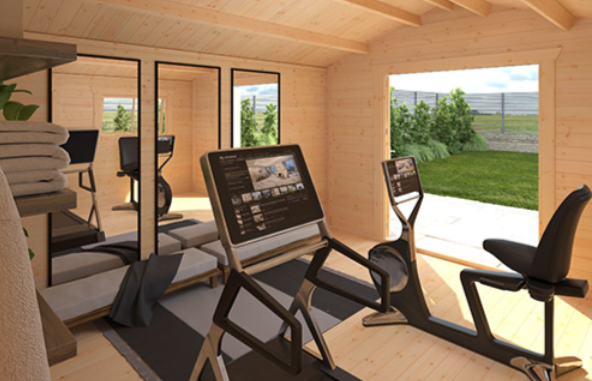 Garden log cabin home gym with exercise equipment