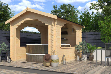 A picture containing a wooden garden shelter with hot tub