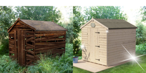 A picture of an old shed and a new shed
