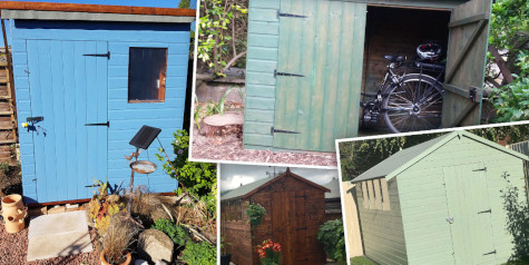 A picture containing a montage of garden sheds