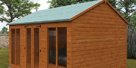 A picture containing a tongue and groove clad summerhouse