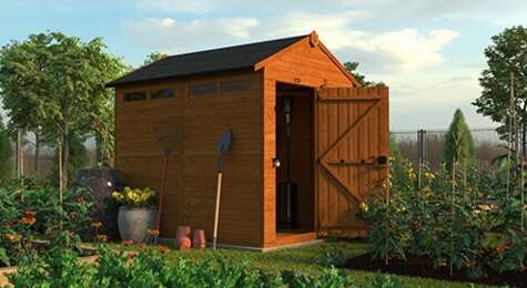 A picture containing TigerFlex Shiplap Apex Security Shed in garden, grass, flowers