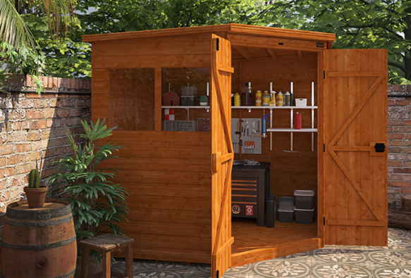 A picture featuring a wood corner garden shed, open double doors