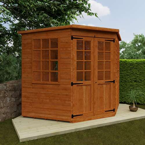 A picture containing the Tiger Corner Summerhouse in a garden with a tree, outdoor, wooden, wood garden building