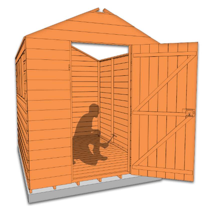 Tiger graphic of man fixing shed sides to floor panel