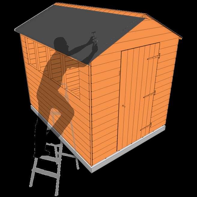 A Tiger graphic of man fitting felt to shed apex shed roof