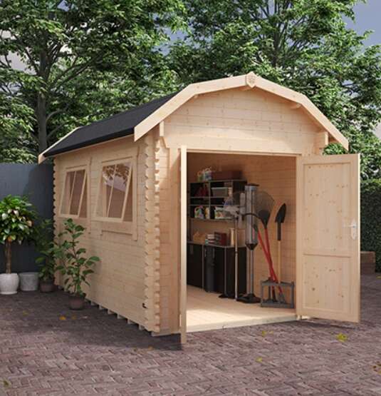 Tiger Alpha Barb with windows and double doors in garden with tools and workbench