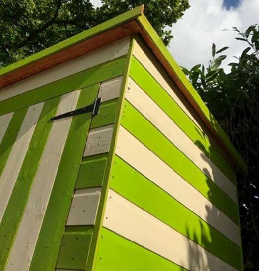 Tiger Shiplap Pent Shed painted in green and white stripes