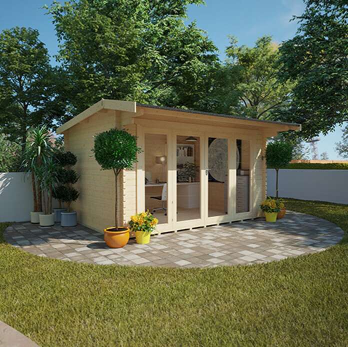 Tiger The Clara Log Cabin with glazed double doors in garden on patio with grass and plants