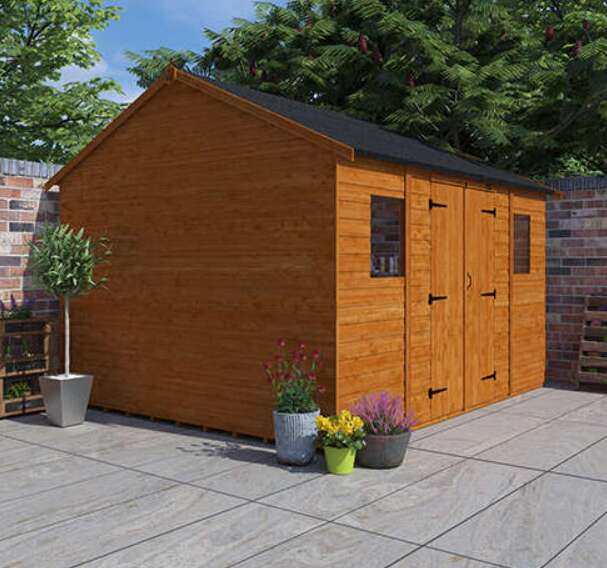 Tiger Workman Apex Shed with double doors and windows on patio
