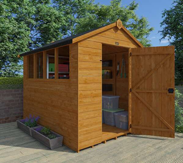 Tiger Shiplap Apex Shed on garden deck with planters and storage 