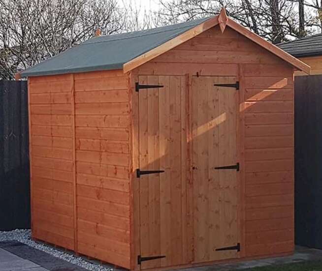 A picture containing Tigerflex Shiplap Apex Windowless Shed, outdoor, garden, patio, garden fence