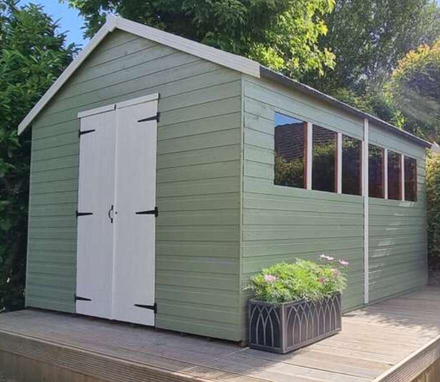 Tiger Heavyweight Workshop, garden, decking, plant pots, green painted shed