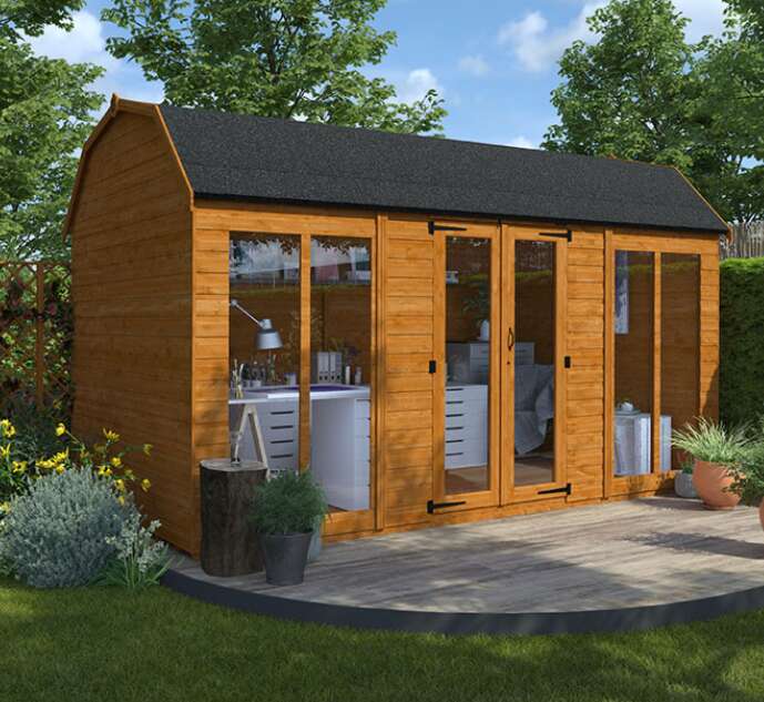 Tiger barn retreat summerhouse, wooden summerhouse, full pane glass windows and doors, garden deck, grass, flowers