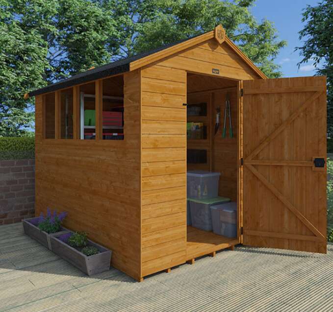 Tiger Shiplap Apex Wooden Garden Shed with Windows and internal storage space on decked patio and purple flowers