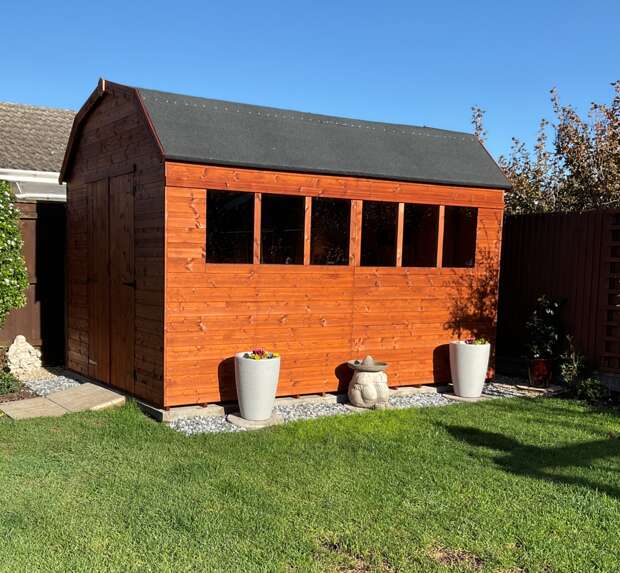 The Tiger Mini-Barn Shed in garden, grass, hedge, potted plants and gravel path