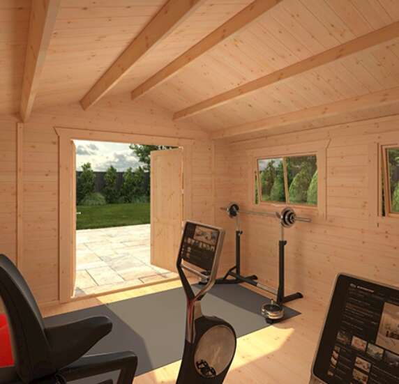 Tiger Sheds Javan Log Cabin home gym with gym equipment, open double doors to garden with two windows