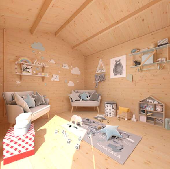 Tiger Sheds Martel log cabin interior designed as garden playroom with toys and children's furniture