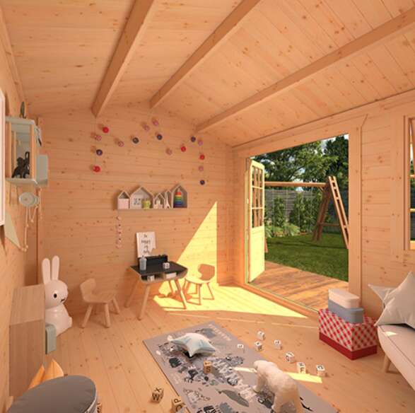 Tiger Sheds Martel Log Cabin playroom interior, garden room nursery with chidlren's today and furniture