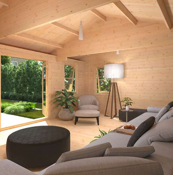 Tiger Vibr Delta Log Cabin wood interior with open doors to garden, sofa, armchair and furniture