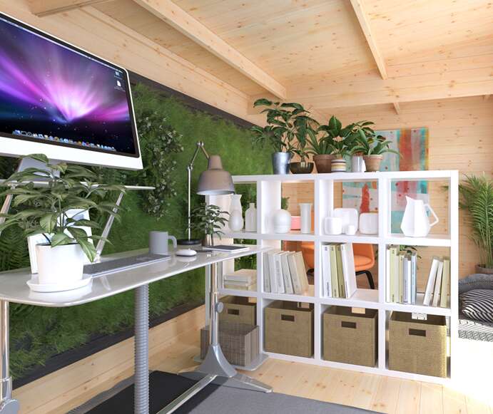 Home office of the future with living wall, storage, standing desk and green plants