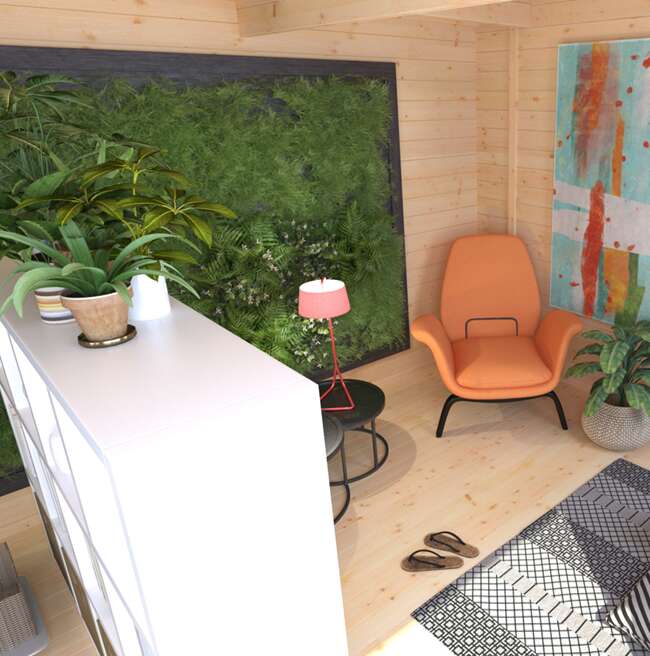 Home office of the future, garden room interior with living wall, zone to relax