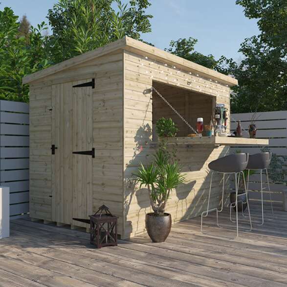 A picture containing the Tiger Garden Bar Shed, with drop down hatch, bar stools, decking, plants