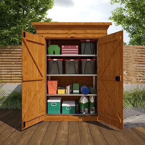 A picture containing a Tiger Overlap Wooden Toolshed with double open doors and shelf storage inside shed