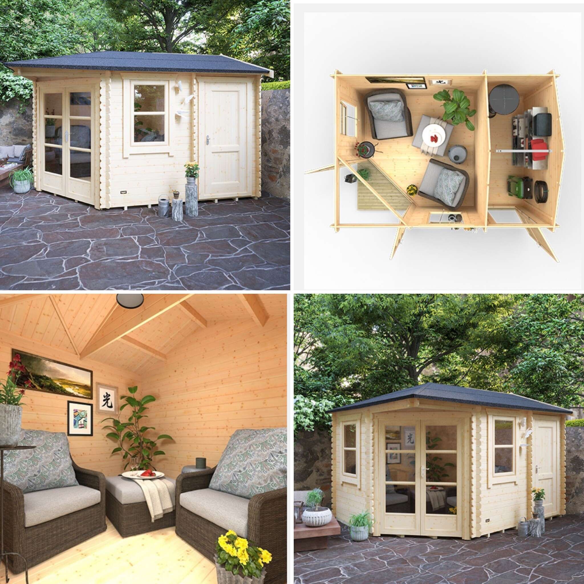 A picture containing multifunctional Tiger Sheds Vibrissa log cabin photo montage of interior and exterior, garden room and storage room combined in log cabin