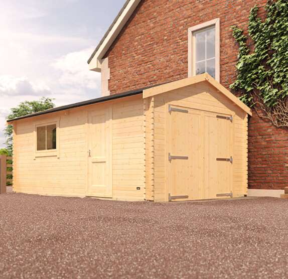 A picture containing a tanalised wood garage with double doors, single door side access and window in garden and driveway
