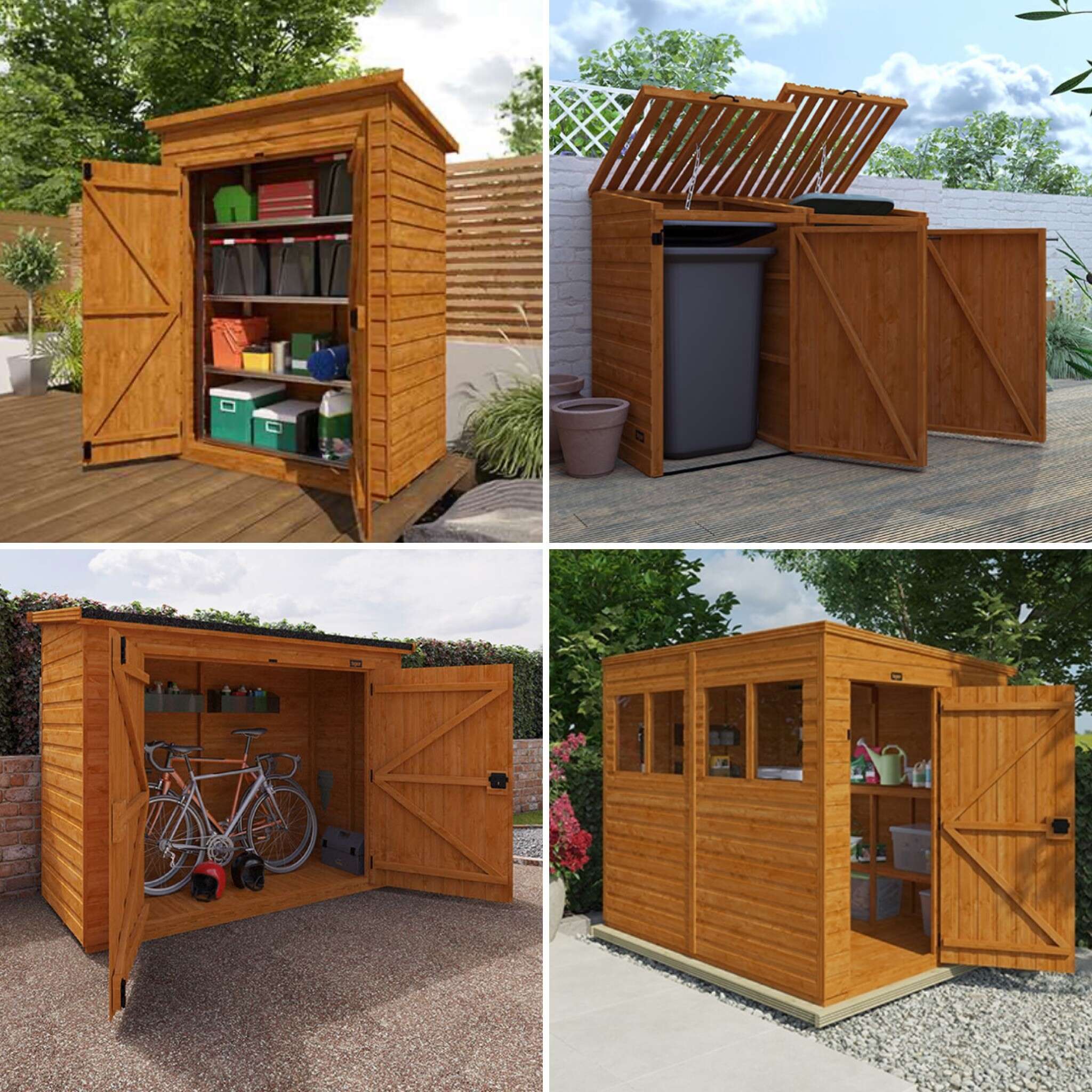 A picture containing a four picture montage of different garden storage sheds including a bin store, tool shed, bike shed and garden shed
