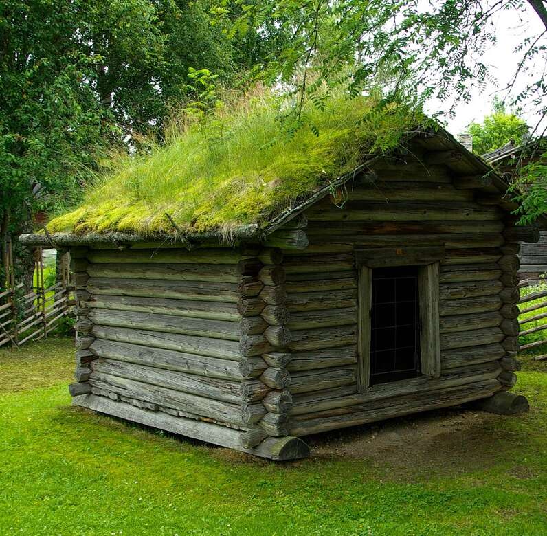 A log cabin with grass on the roof, living roof