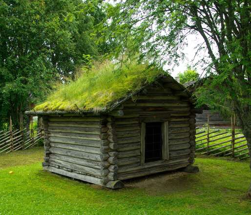 A log cabin with grass on top, grass roof, living roof