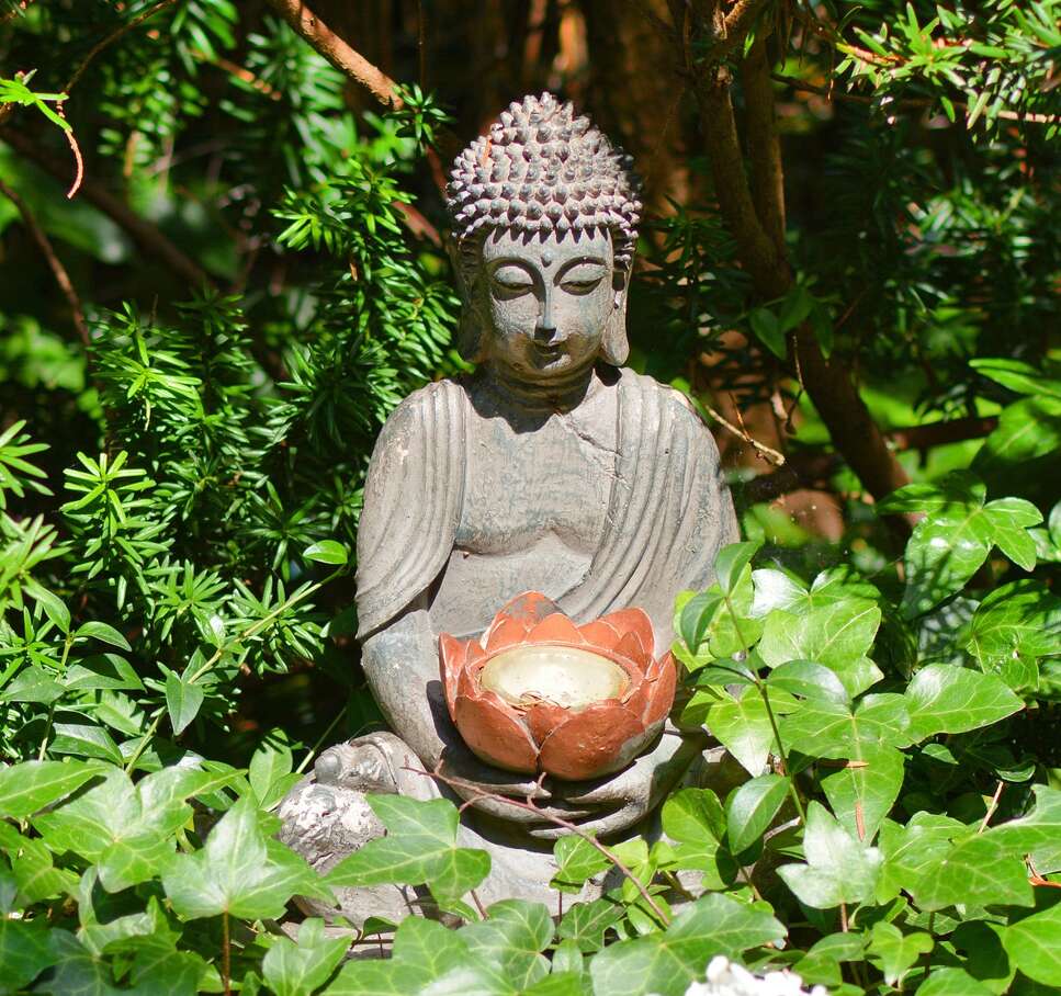 A picture containing a garden buddha sitting in ivy, holding a candle
