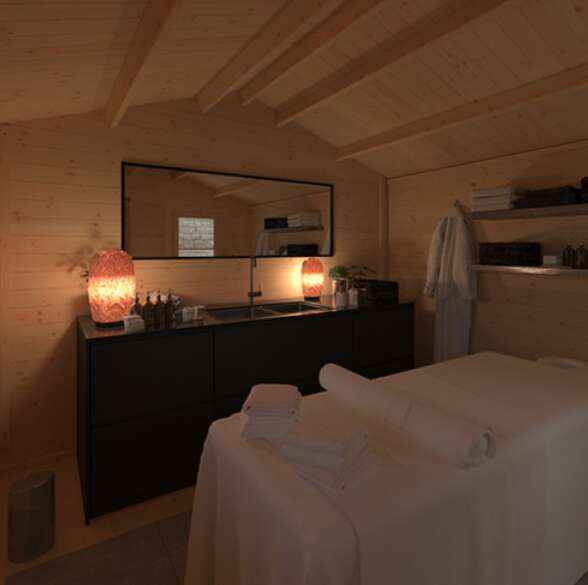 A picture containing a garden spa log cabin, moody lighting