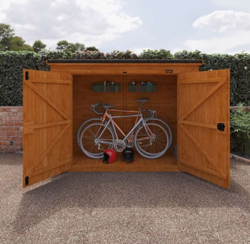 A bicycle in a shed, Tiger Shed Pent Bike Store, shed with double doors, bike store, bike shed, garden