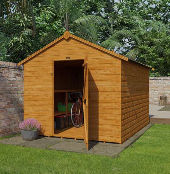 A picture containing Tiger Sheds Shiplap Windowless Apex Shed, security shed, garden, grass, patio