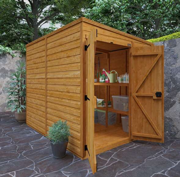 A wooden shed with a door open, paved patio, potted plants, pent roof shed, tongue and groove cladding