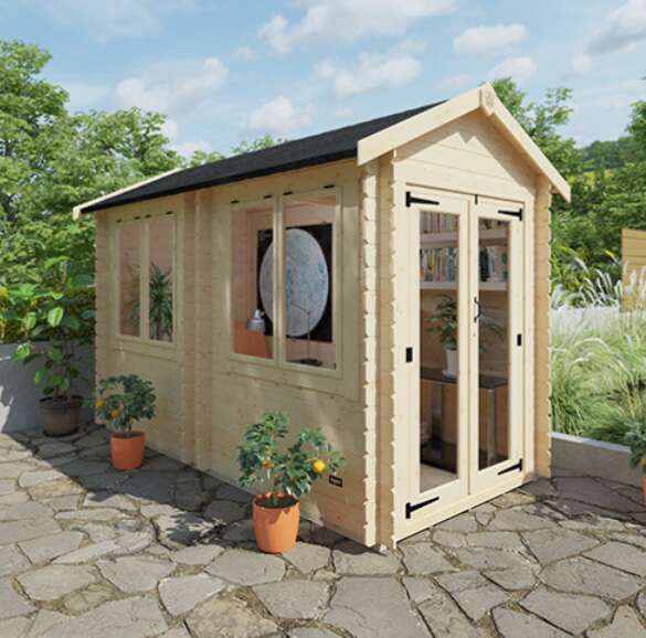 A picture containing a Tiger Sheds 19mm Nova TigerFlex modular log cabin, garden, patio, plants