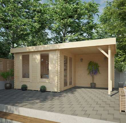 A picture containing a Tiger Sheds Lakra Log Cabin, garden, double glazed doors, full glazed windows, patio, potted plants