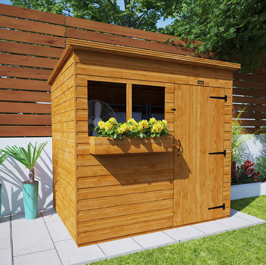 A picture of a Tiger Shiplap Pent Shed, garden, grass, flowerbox, fence