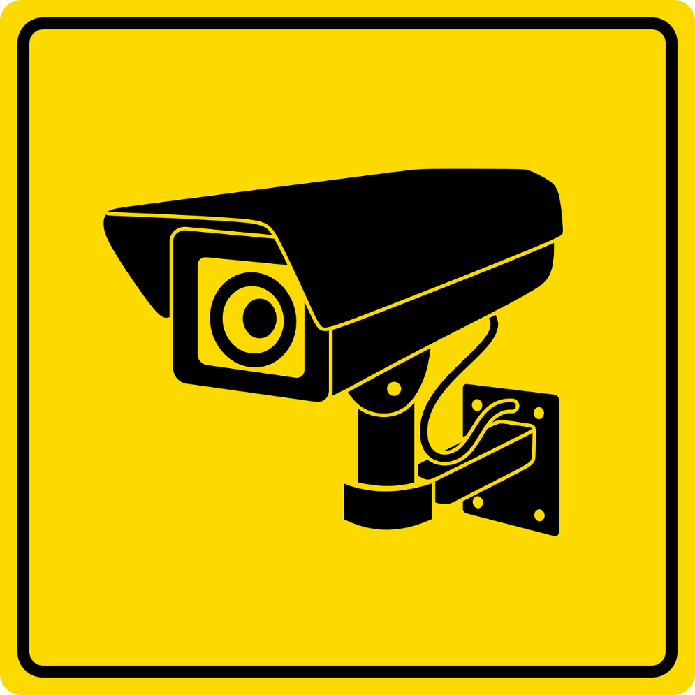Shed security sign, yellow with black camera graphic