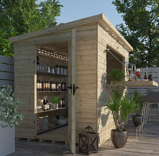 Garden bar shed with bar stools