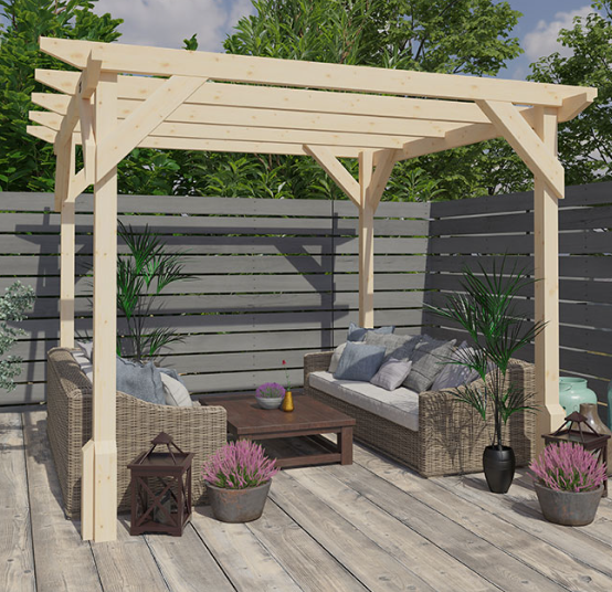 A wooden patio with a pergola and couches