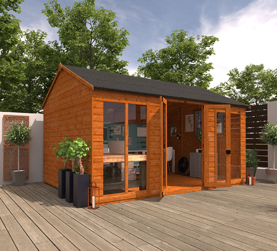 A wooden shed, garden retreat with double glazed doors