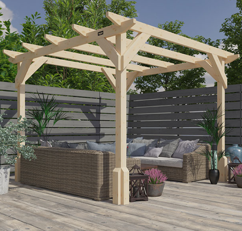 A picture containing a garden pergola with outdoor seating