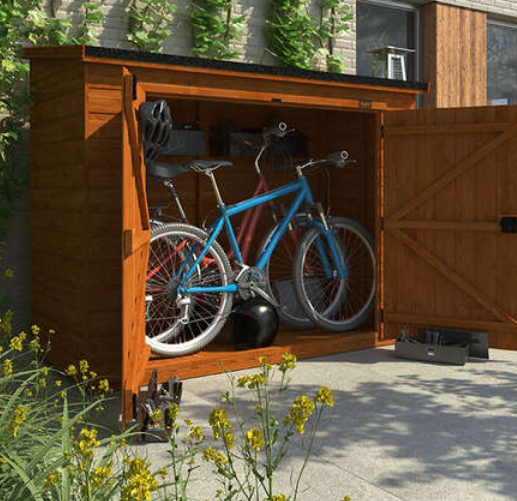 A bicycle in a shed, bike shed, garden