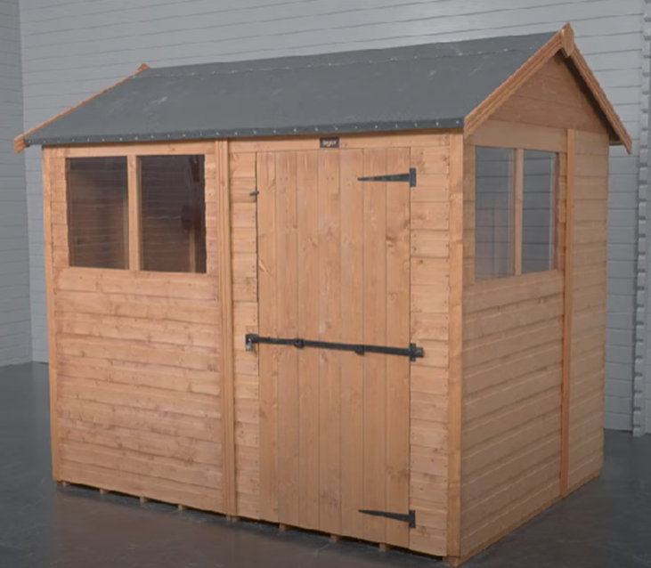A picture containing an apex roof garden shed with security door, security bar