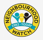 A yellow circle with black and yellow logo, neightbour hood watch logo