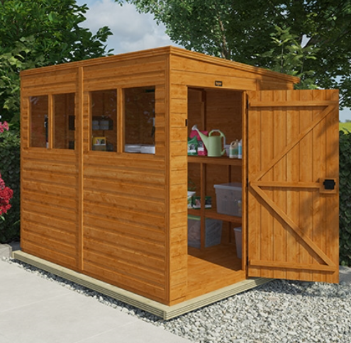 A picture containing a pent roof shed with door open in garden